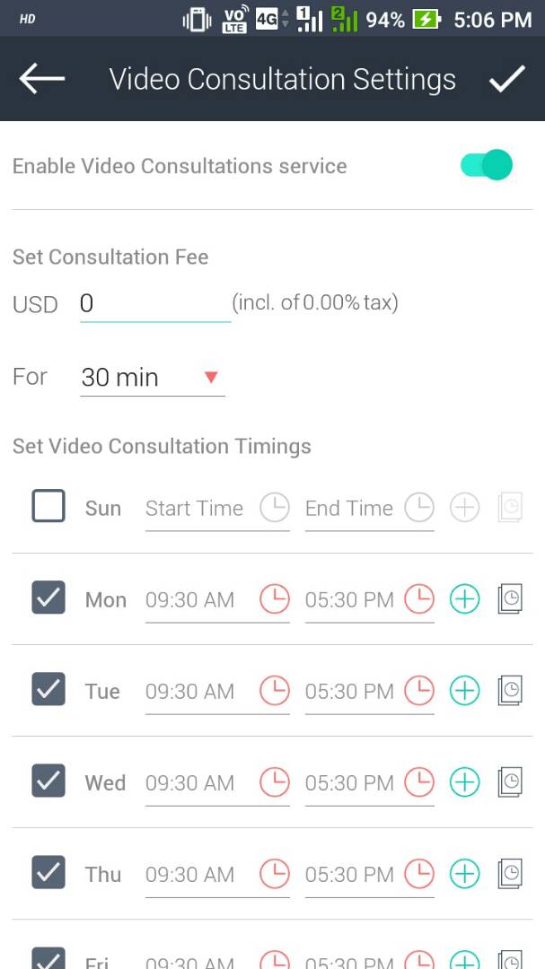 Video Consultation settings on the Virtual Practice mobile app